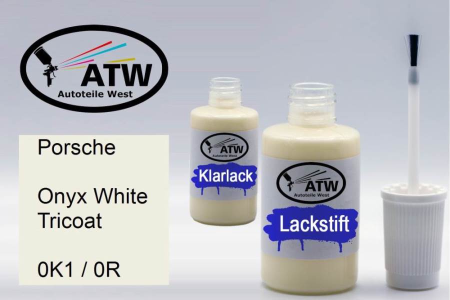Porsche, Onyx White Tricoat, 0K1 / 0R: 20ml Lackstift + 20ml Klarlack - Set, von ATW Autoteile West.